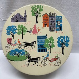 Vintage 1959 BARTON’S Bonbonniere Mid Century Modern Round Candy Tin Colorful EC